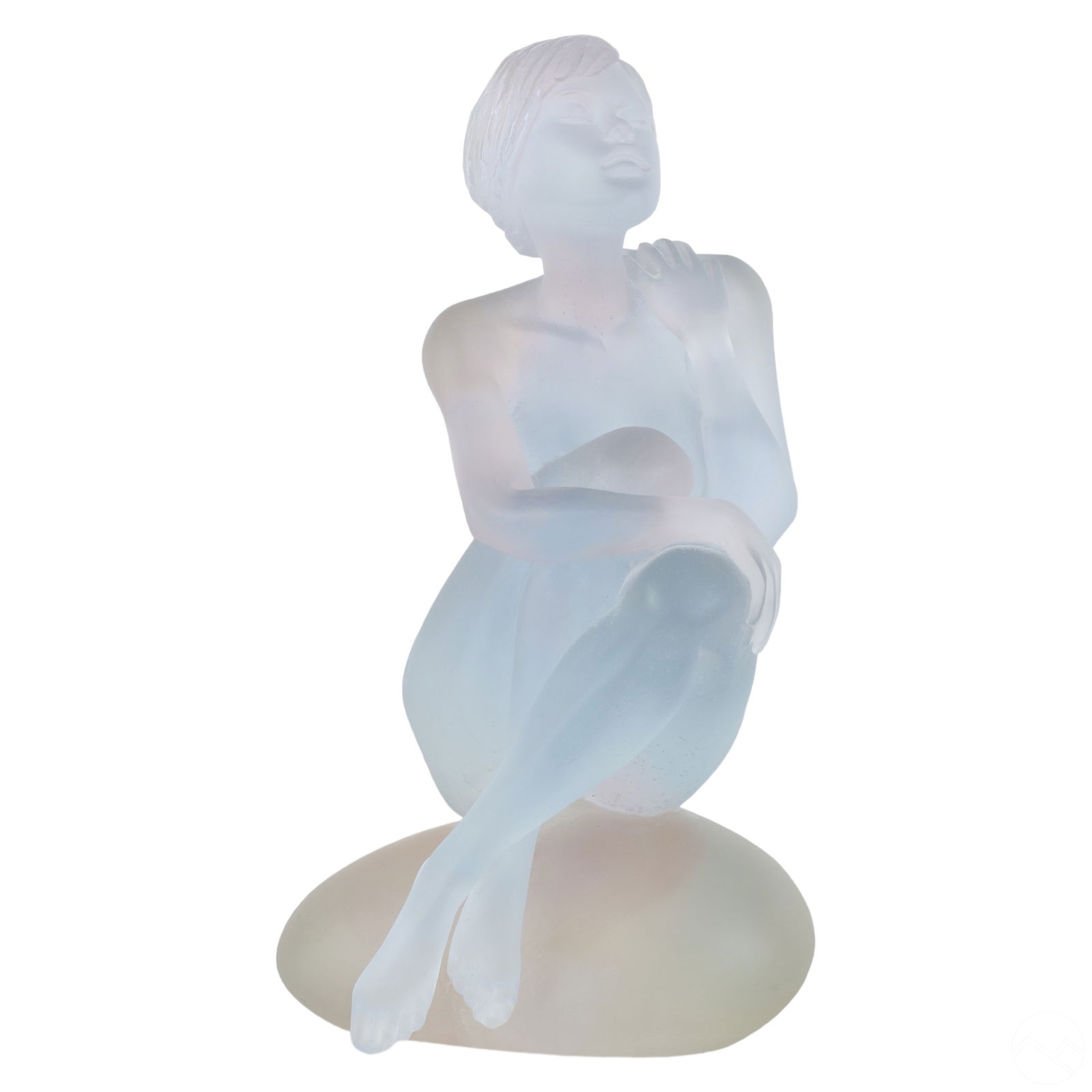 Daum Pate de Verre Crystal Nude Aphrodite Figurine: A limited edition Daum French crystal sculpture by Moroccan French artist Marie Paule Deville Chabrolle (born 1952). Titled, "Aphrodite." A figural work in frosted pink to lavender to gray blue pate d