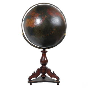 Monumental 19C. Lacquered Wood Terrestrial Globe: An oversized antique lacquered wooden cartographic earth positioned on a wooden tripod stand. Historic and timeless aesthetics featuring hand painted geographical details with French script. Globe mea