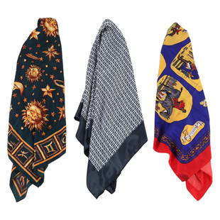 Versace & Fendi Italian Designer Silk Scarf 3p LOT: A lot of (3) Italian designer ladies luxury silk scarves. Includes: two (2) Versace scarves with colorful hunting and zodiac designs and patterns, and GIANNI VERSACE within the designs; and one (1)