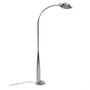 Cedric Hartman b.1929 Chromed Modernist Floor Lamp: Cedric Hartman (born 1929). A vintage sleek standing floor lamp. Features a Space Age design with a polished chrome finish. An articulated shade with a tapering adjustable height, mounted to a heavy