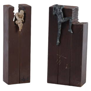 Josep Bofill Moline b.1942 Bronze Artisan Bookends: Josep Bofill Moline (Spanish, Born 1942). Two (2) limited edition bronze statues and or bookends. One sculpture features a climbing figure, and the other a seated figure, each positioned at the pinnac