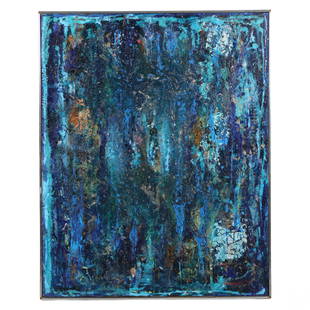 George Dergalis b.1928 Blue Spectrum Oil Painting: This original mixed media oil painting by George Dergalis, an artist of American and Greek descent born in 1928, showcases his mastery in abstract art. The work features a vivid exploration of spectru