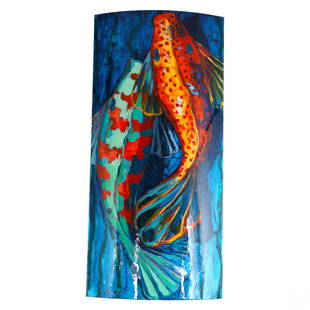 Frank Hyder b.1951 Fish Luminary Koi Fish Painting: Frank Hyder (American, born 1951). An original mixed media painting on plexiglass. Titled, "Fish Luminary." Work depicting colorful koi carp fish, painted on a curved Lucite surface with attachment fo