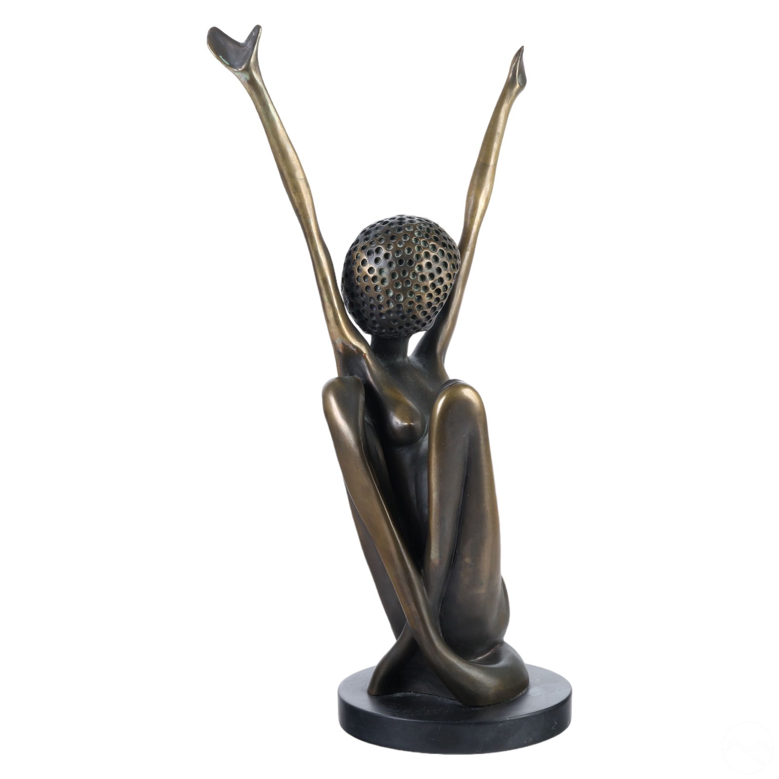 Bob Bennett 1928-2003 LE Bronze Woman Sculpture: Bob Bennett (American, 1928-2003). A limited edition patinated bronze sculpture. Features a nude female with legs crossed and arms stretched wide in a welcoming pose. Artist impressed signature and da