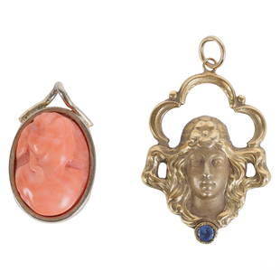 14K Gold Coral Cameo & Art Nouveau Pendant 2pc LOT: An estate lot of (2) 14k gold jewelry. Includes: one (1) carved red salmon branch coral figural profile portrait cameo pendant with oblong 14k gold frame and twist bale (1" x .5" x .25"); and one (1)