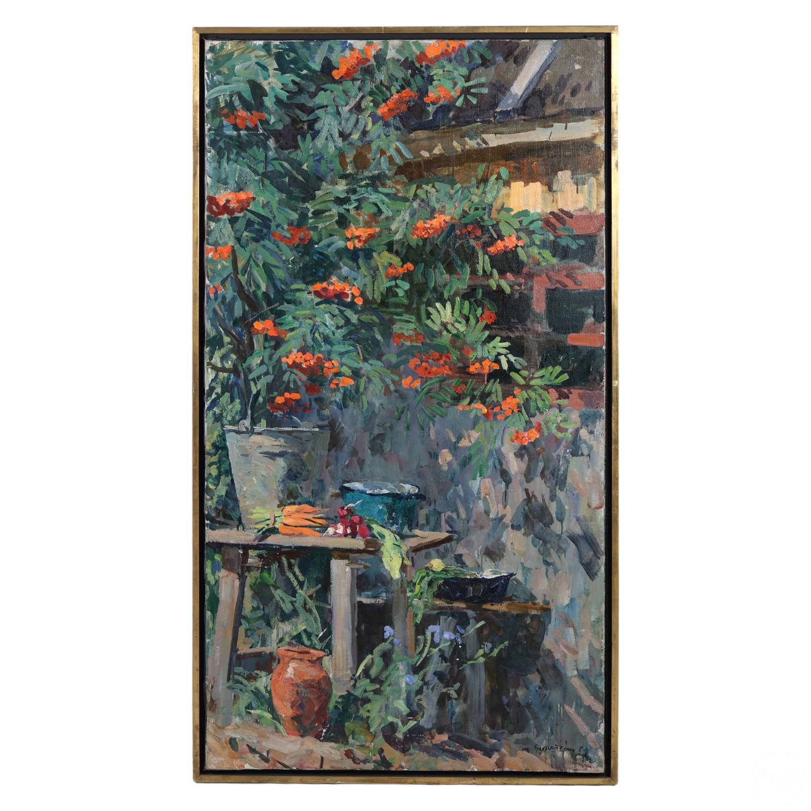 Max Avadiyevich Birshtein Rowan Tree Oil Painting: Max Avadiyevich Birshtein (Russian, 1914-2000). An original painting on canvas. Titled, "Rowan Tree," produced 1962 in a heavy palette. A still life work depicting colorful orange botanical elements o