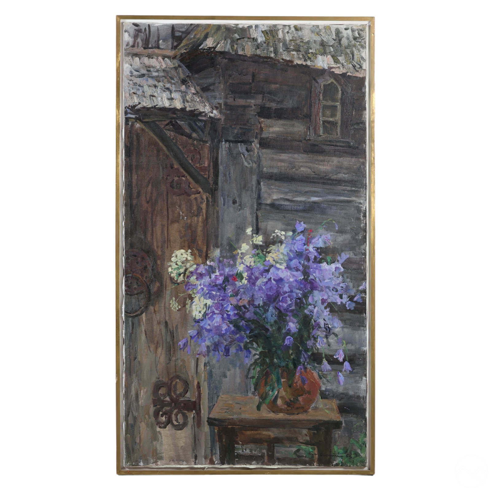 Max Avadiyevich Birshtein Bluebells Oil Painting: Max Avadiyevich Birshtein (Russian, 1914-2000). An original oil painting on canvas. Titled, "Bluebells," produced 1963 in a heavy palette. A still life work depicting colorful lavender botanical eleme