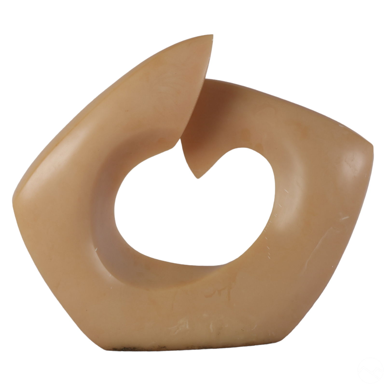 Fujimoto 20C. Sculpted Abstract Alabaster Statue: Fujimoto (Japanese, 20th Century). A carved alabaster sculpture. A modern work showcasing sleek and sinuous form in a soothing beige hue. Artist carved signature to bottom edge of one side. Provenance