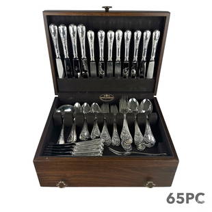 Christofle French Silverplate Marly Flatware SET: A 65 piece set of Christofle flatware. Crafted of fine quality French silver plate. Features the Marly pattern, an elegant Art Nouveau design first introduced in 1890. Lot includes: six (6) dinner for