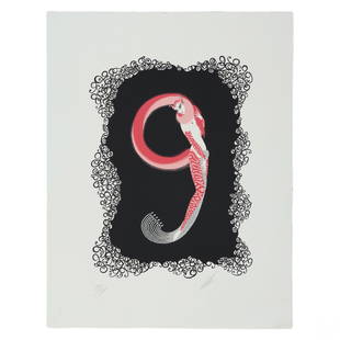 Erte 1892-1990 Deco Number # 9 LE Serigraph SIGNED: Erte (Romain de Tirtoff) (Russian French, 1892-1990). A limited edition serigraph in colors on Rives paper with deckled edge. Titled, "The Number 9," produced as part of the Numerals Suite. A colorful