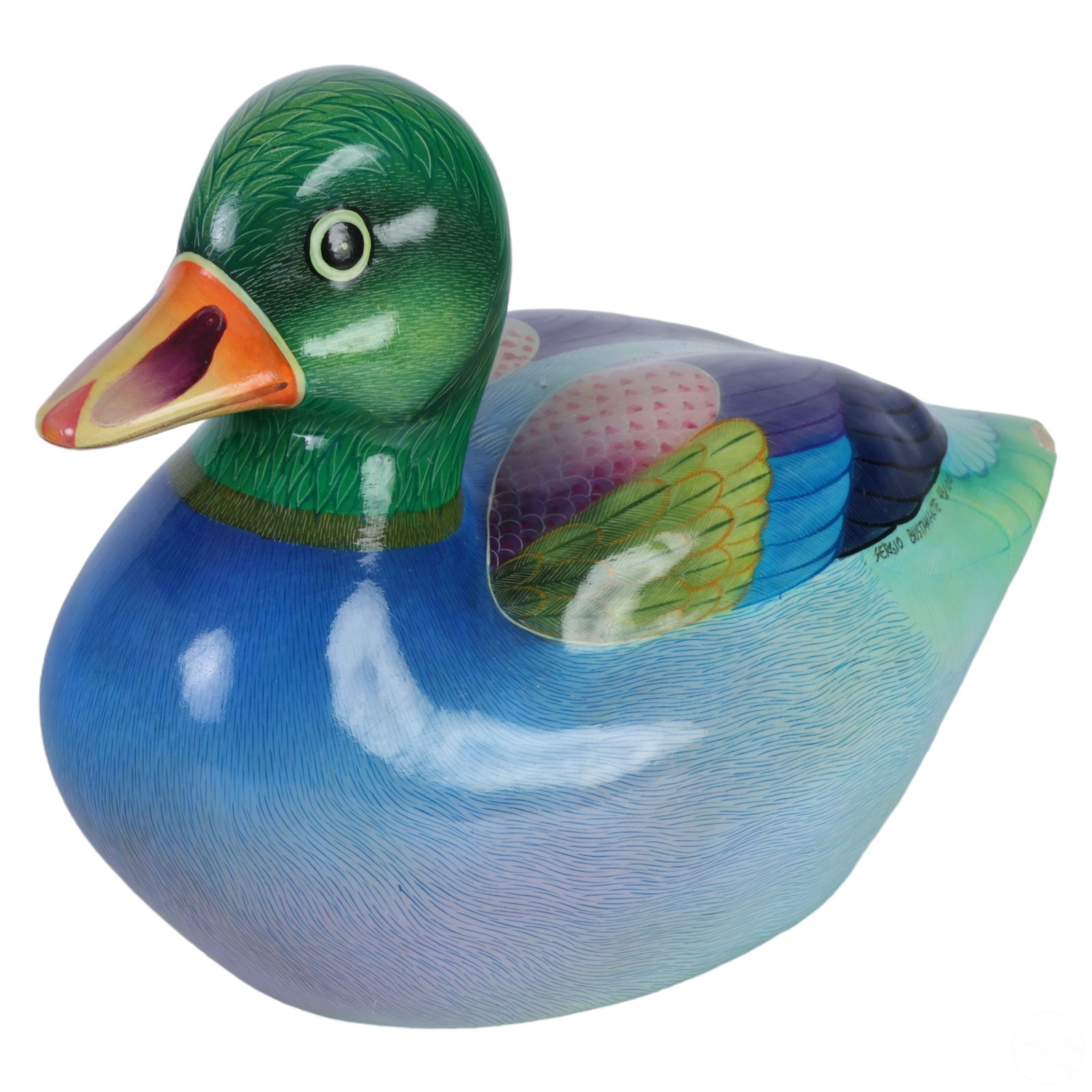 Sergio Bustamante 20C. LE Paper Mache Duck SIGNED: Sergio Bustamante (Mexican, Born 1949). A limited edition papier mache sculpture. Featuring a colorful hand painted duck, in a palette of of blue, green, pink, orange and other colors. Artist signatur