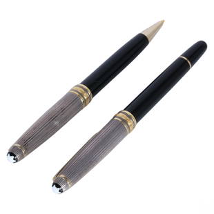 Montblanc Luxury Sterling Silver Pen & Pencil SET: A vintage Montblanc Meisterstuck German luxury sterling silver plated ballpoint pen and pencil. Classic design with black resin barrels, and 925 silver caps with gold plated embellishments, embossed M