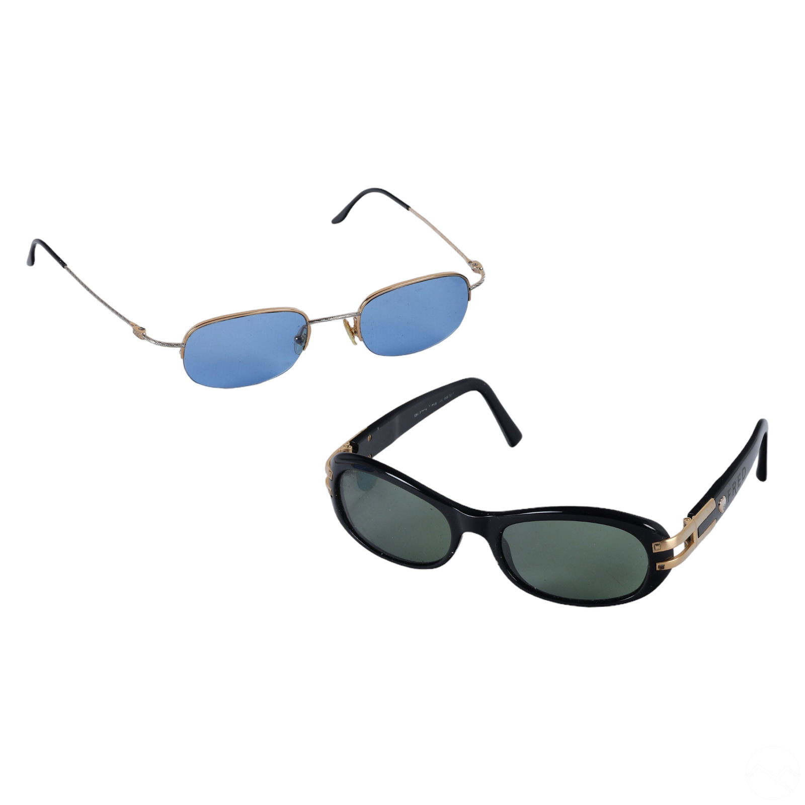 Fred Paris French Designer Mens Eyeglasses 2pc LOT: An estate lot of two (2) pairs of French designer men's eyeglasses by Fred Paris, with reading or prescription lenses. Includes: one (1) pair with gold tone frames, oblong light blue lenses, temples m