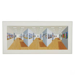 Patrick Hughes b1939 3D Reverspective Litho SIGNED: Patrick Hughes (English, Born 1939). A special edition three dimensional mixed media wall lithograph on paper over additional material. A colorful art gallery interior room scene produced in the artis