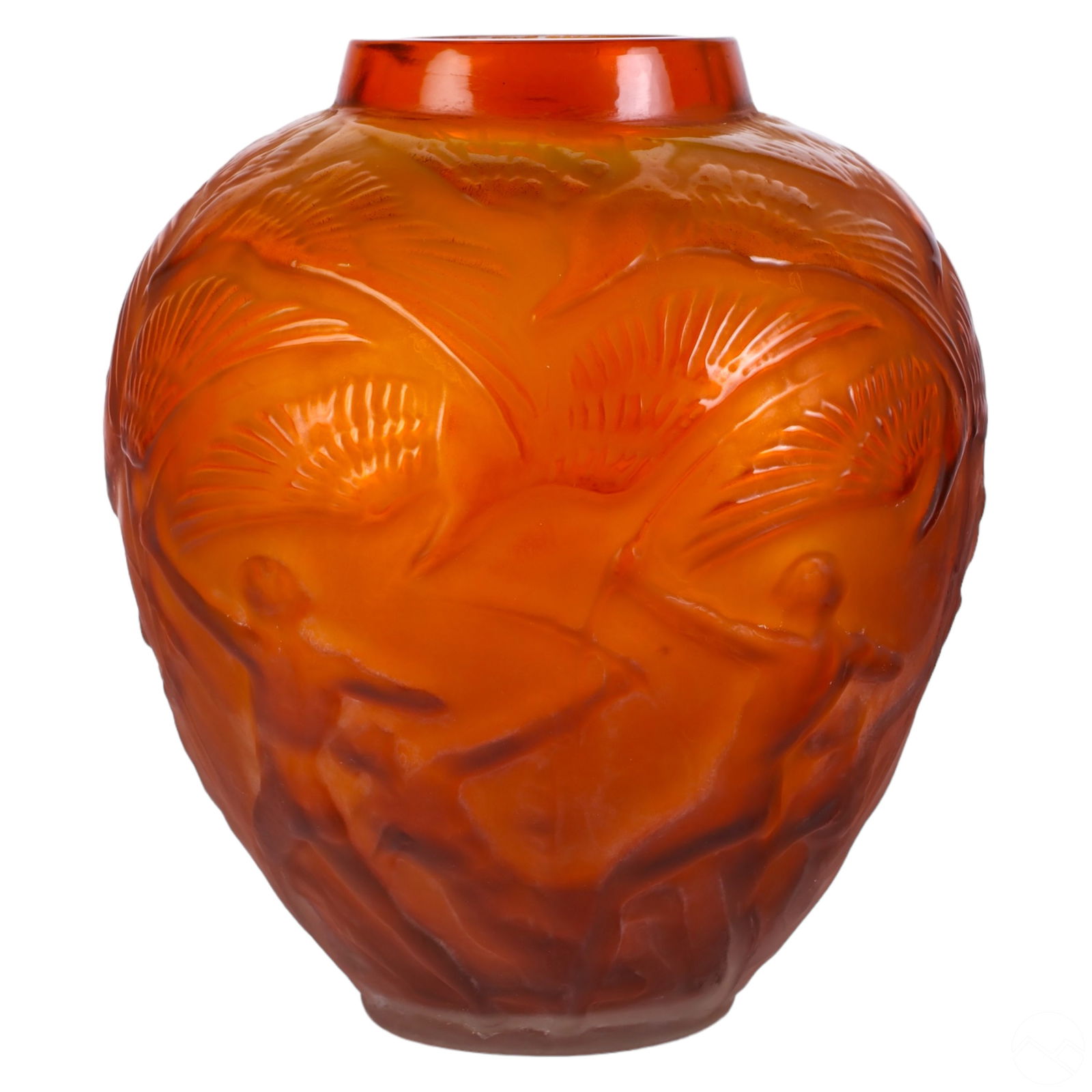 Deco Amber Glass Nude Archers Vase after R Lalique: A French style crystal vase produced after the Rene Lalique Archers pattern. An orange amber glass relief decoration, featuring nude men brandishing bow and arrows, and flying majestic crane like bird