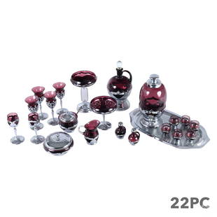 Cambridge Farber Amethyst Glass Krome Kraft LOT: A 22 piece collection of Farber Brothers Krome Kraft table ware. Chrome metal with Cambridge Glass amethyst crystal inserts, produced circa 1940s. Includes: one (1) lidded beverage dispenser pitcher w