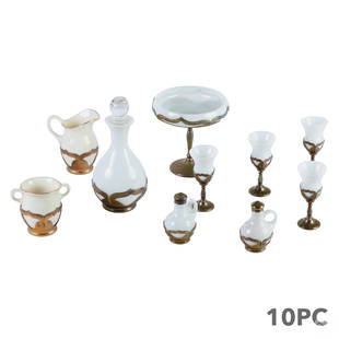 Cambridge Farber Bros. Milk Glass Krome Kraft LOT: A 10 piece collection of Farber Brothers Krome Kraft table ware. Brass mountings and bases with Cambridge opalescent milk glass crystal inserts, produced circa 1940s. Includes: one (1) decanter with c