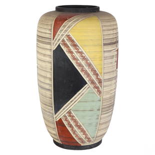 Mid Century Modern Ceramic Art Pottery Vase SIGNED: An artisan ceramic arts vessel. Features a textured finish, in hand painted earthy organic hues, having etched linear geometric designs and patterns. Artist impressed and painted signature to undersid