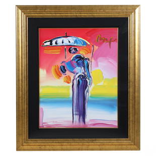 Peter Max Umbrella Man LE Pop Art Serigraph SIGNED: Peter Max (German / American, born 1937). A special edition mixed media painting color serigraph on wove paper. Titled, "Umbrella Man with Cane," produced 2001. An abstract work depicting one of the a