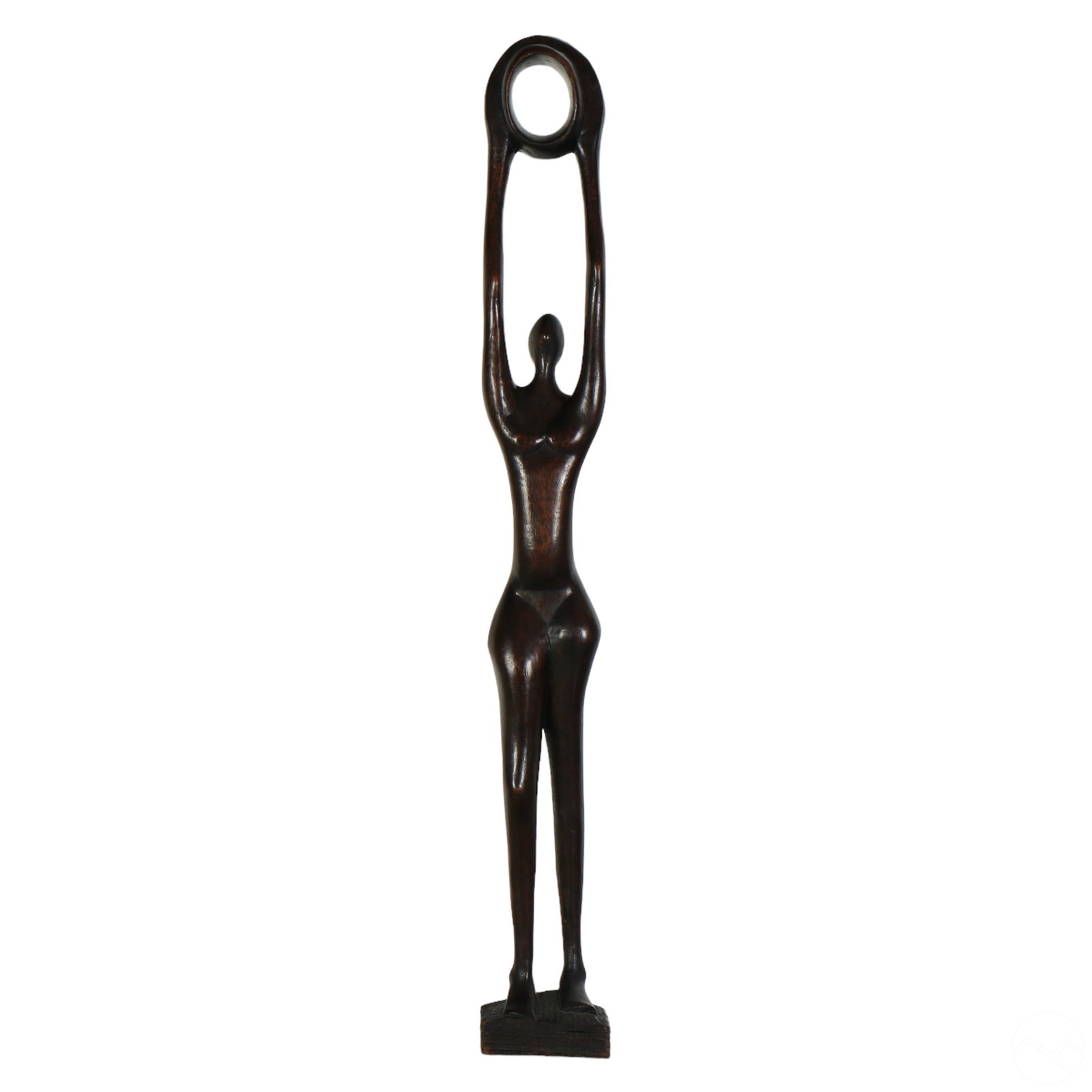 African Ebony Carved Wood Nude Female Sculpture: 20th Century African ebony carved wood sculpture. Features an elongated nude female with extended arms up high holding a hollow circle. No apparent signature. Provenance; a private collection.Dimensio