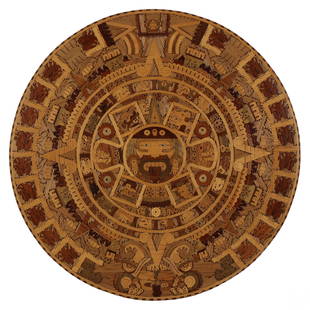 Aztec Sun Stone Calendar Wood Round Wall Sculpture: A vintage Aztec Sun solid wood detailed wall sculpture (Spanish: Piedra del Sol). Hand carved motifs throughout depicting components of the Aztec and Mexican creation myth, with central image believed