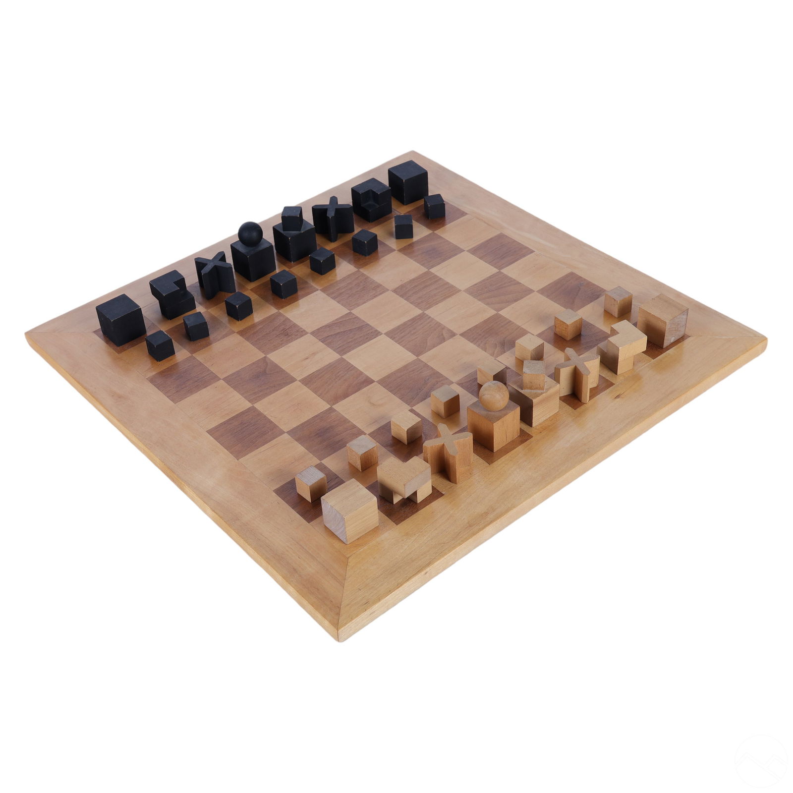 Josef Hartwig German Bauhaus Minimalist Chess Set: Josef Hartwig (German, 1880-1956). A vintage German wood chess set, circa 1920s. Titled, "Bauhaus Schachspiel" ("Bauhaus Chess"). A rectangular wood base with lacquered finish accompanied with 32 deta