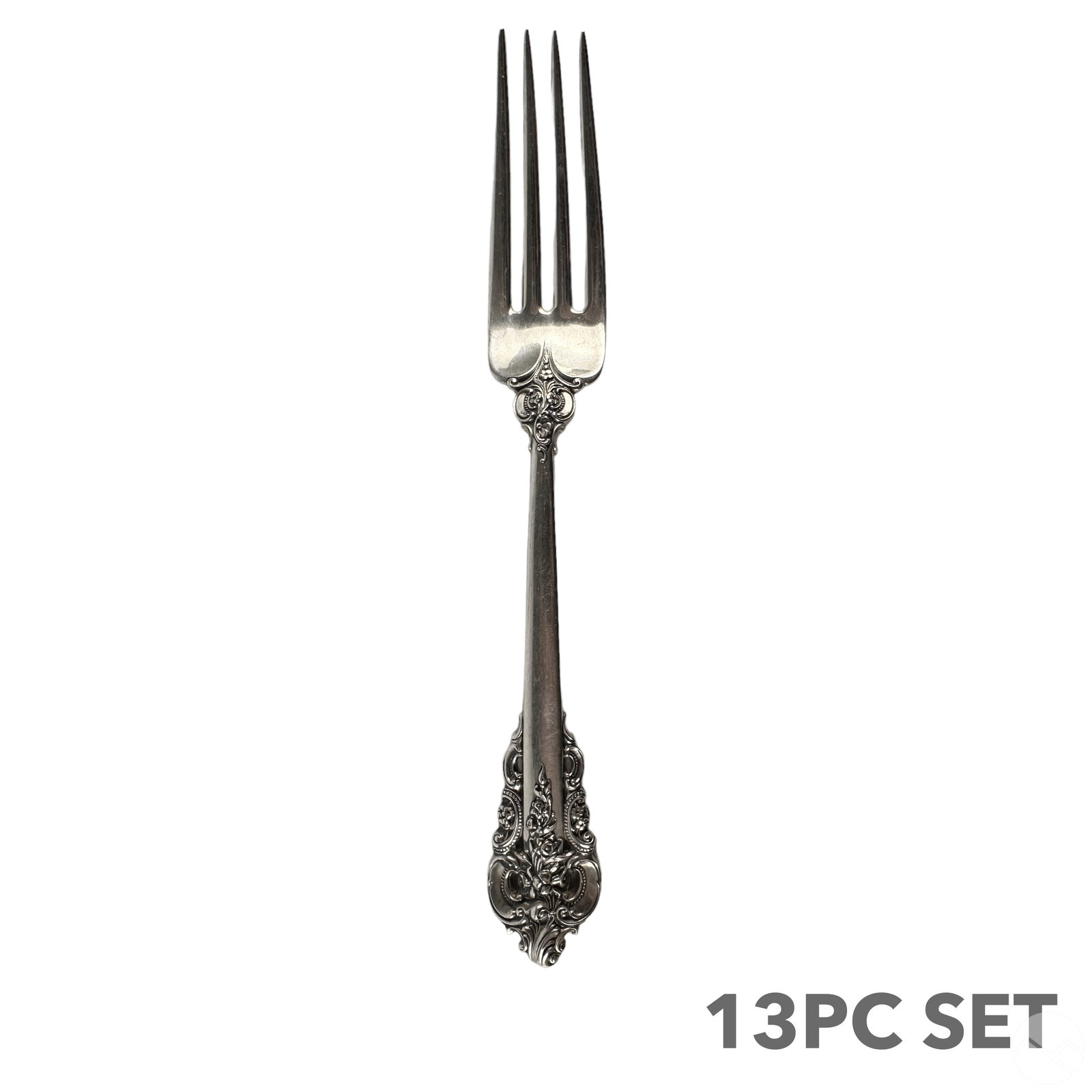 Wallace Grand Baroque Sterling Silver Forks 850gr.: A set of 13 Wallace sterling silver dinner forks in the Grand Baroque pattern. Featuring an ornate elegant Renaissance foliate design. Each with WALLACE STERLING stamp. Total approximate weight 850 gr