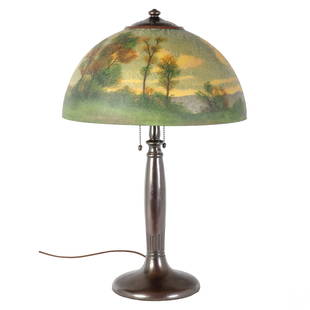 Handel 6192 Shade and Candlestick Bronze Lamp Base: Handel Lamp Company bronze base and original glass shade. Authentic candlestick table lamp base is dark patinated bronze. Simplistic in form rises up to three light sockets. Chain pulls. Topped with H