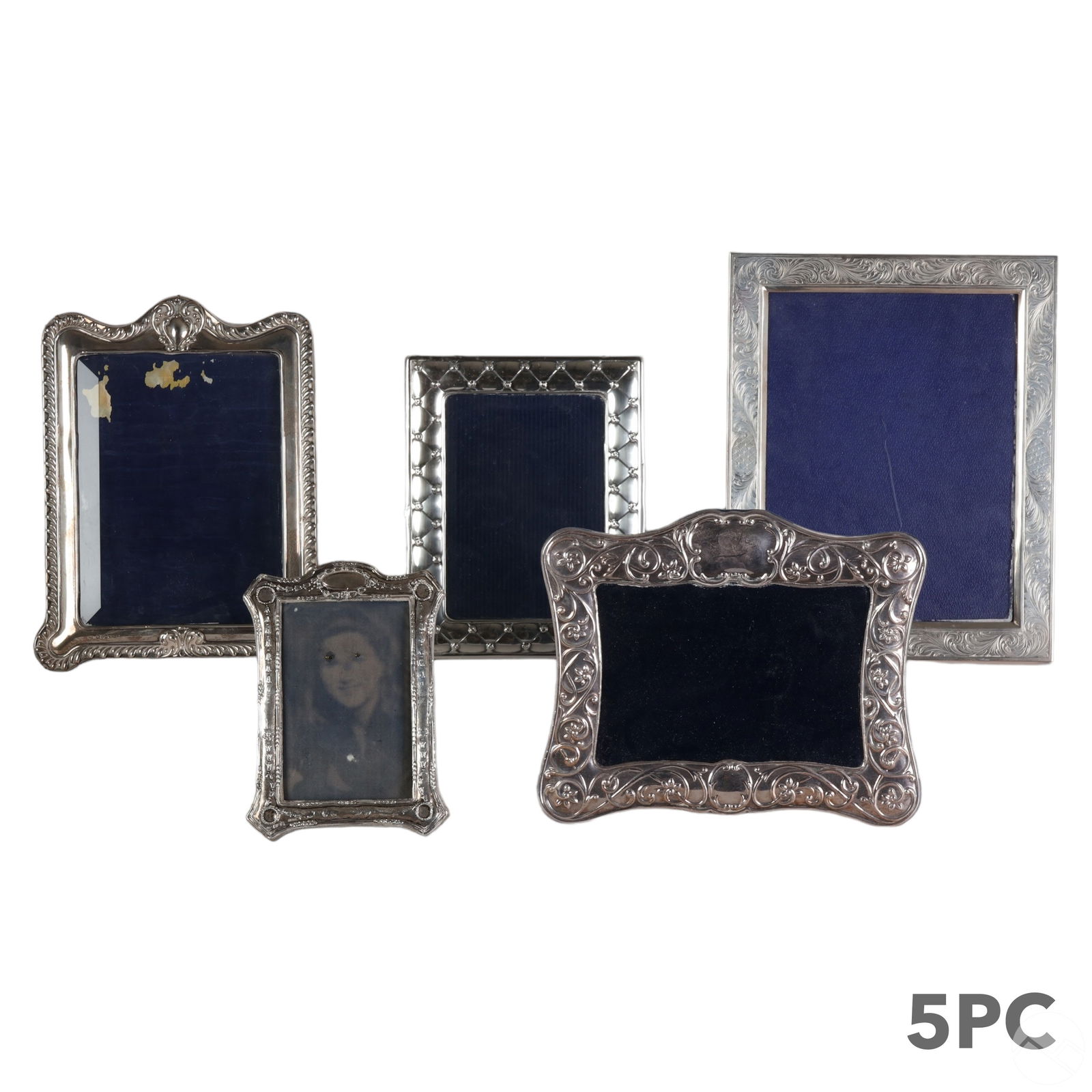 Sterling & 900 Silver Photo Picture Frames 5pc LOT: An estate collection of five (5) sterling 925 silver and 900 silver photograph picture frames with easel backs. Various manufacturers, styles and designs. Four having sterling hallmarks. One marked 90