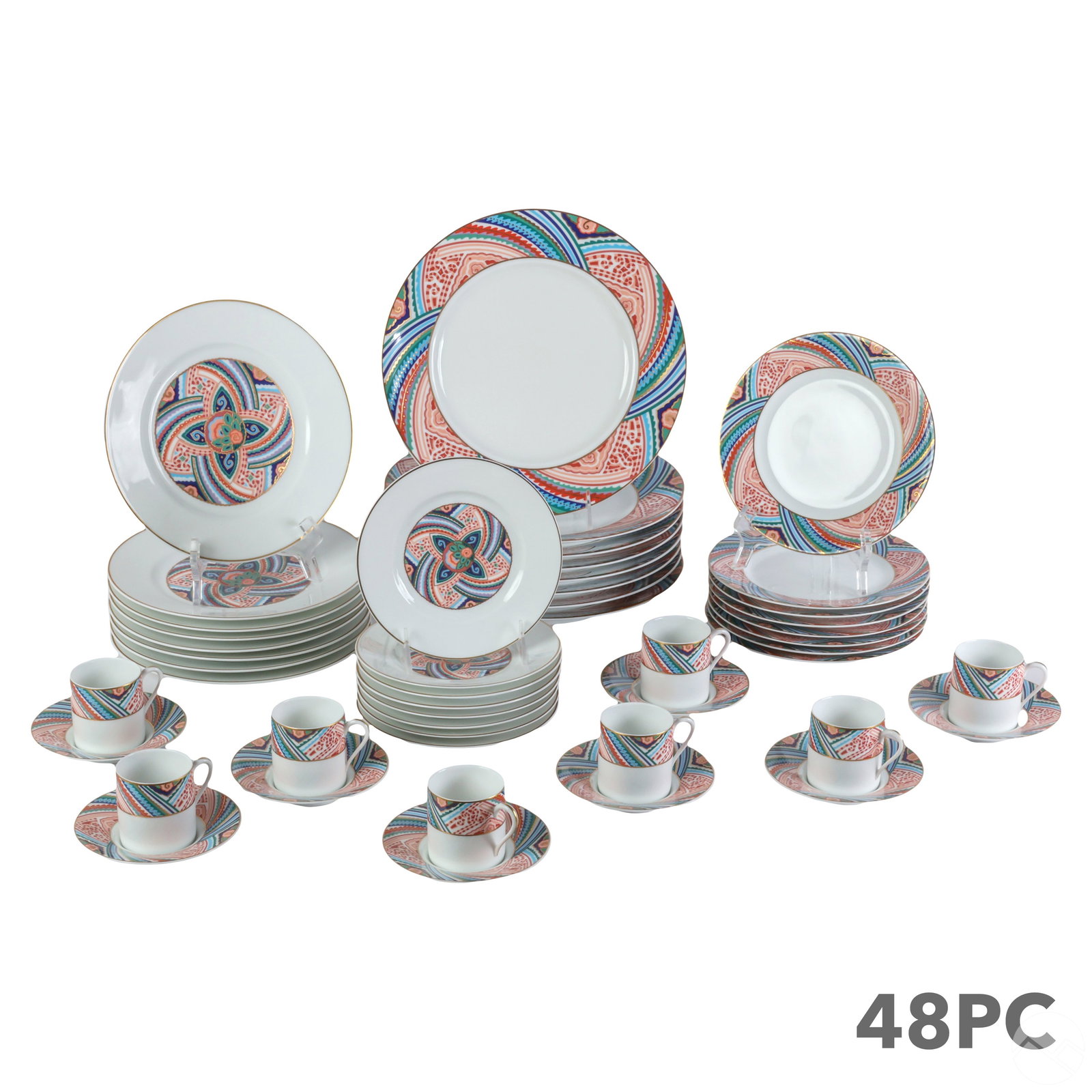 Limoges Lanvin KALINKA Porcelain 48pc. Service SET: A 48 piece vintage estate set of Limoges French porcelain dinner plates produced by Lanvin (Paris) in the Kalinka pattern. Large glazed bone china bodies hand decorated with colorful classic designs a