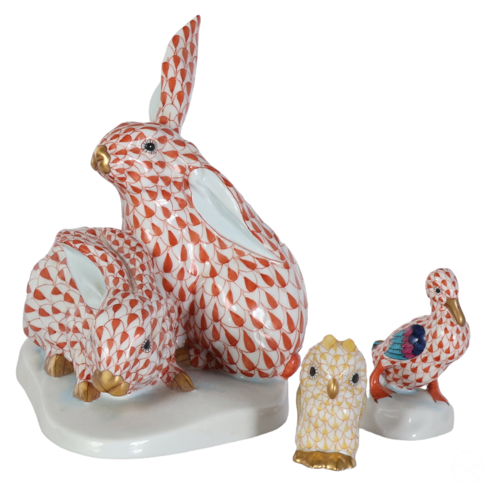 Herend Porcelain Fishnet Rabbits Duck Owl 3pc. LOT (1 of 8)