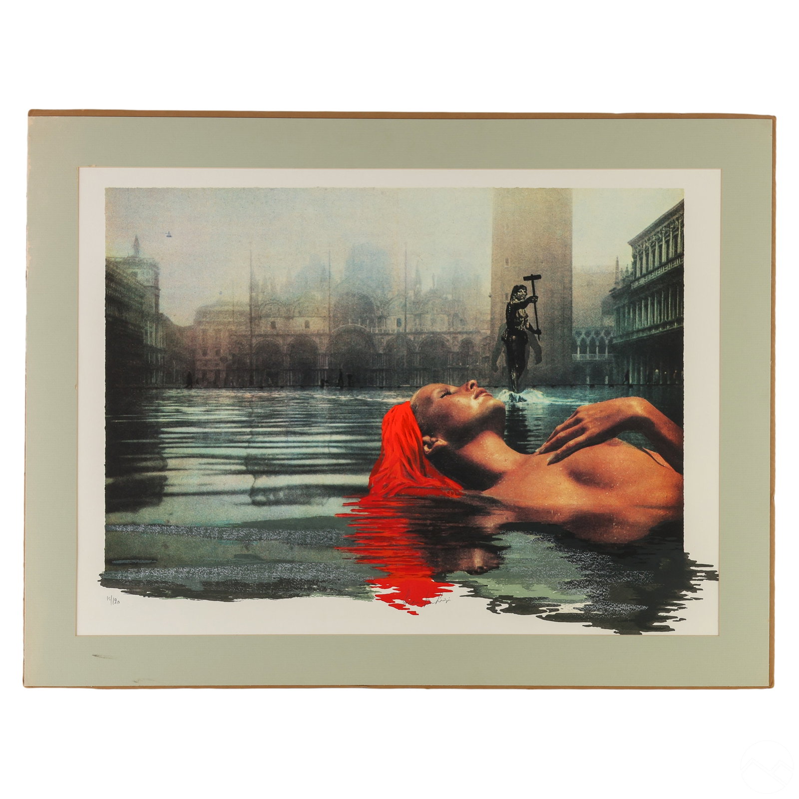 Ludovico De Luigi 20C. SIGNED Surrealist LE Litho: Ludovico De Luigi (Italian, born 1933). A limited edition lithograph art print on paper. A Surrealist figural seascape depicting a nude female figure surrounded by water and architectural elements. Ed