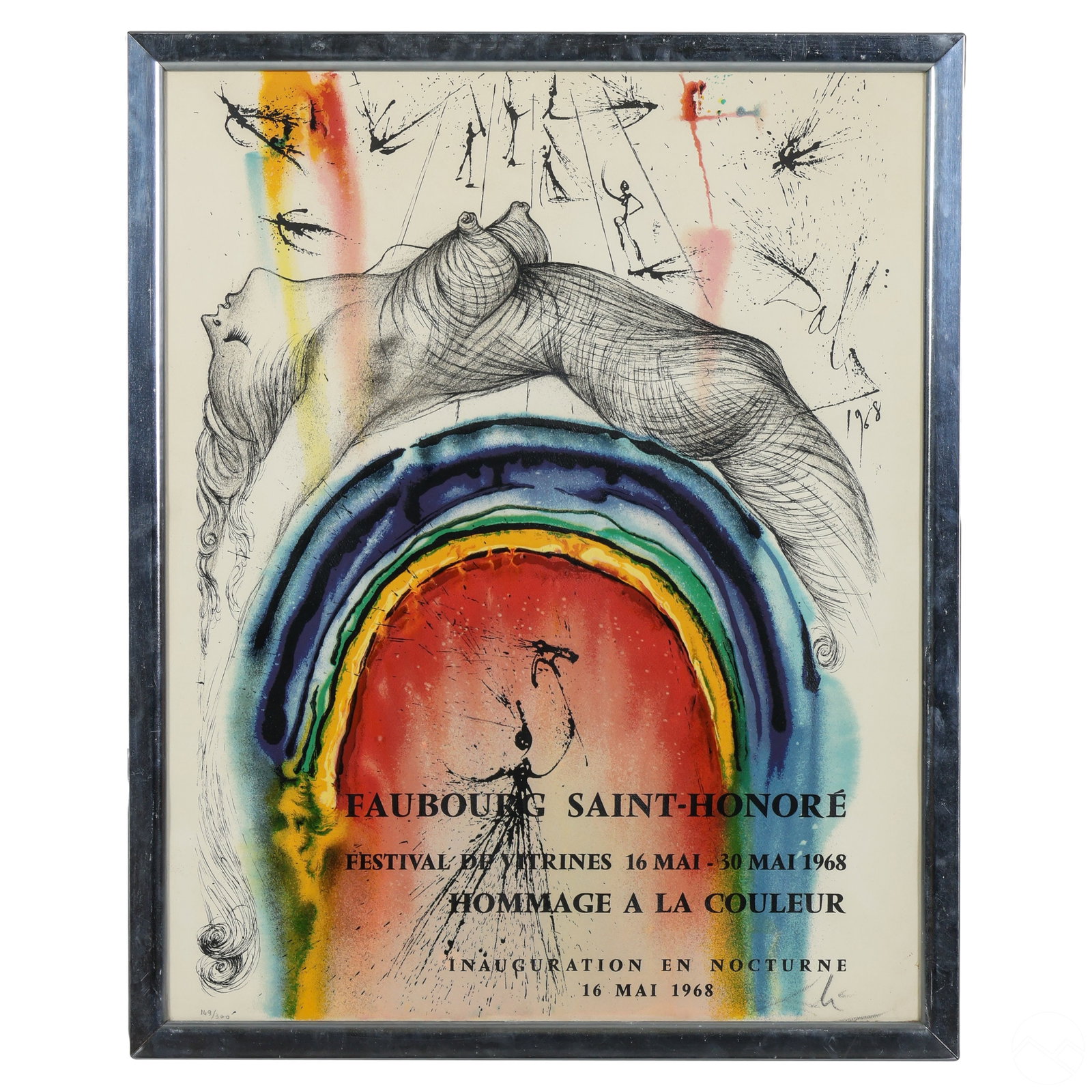 Salvador Dali 1904-1989 Surrealist Poster SIGNED: Salvador Dali (Spanish, 1904-1989). A limited edition color serigraph art poster on paper. Titled, "Faubourg Saint Honore," an exhibition advertisement produced circa 1968. A Surrealist work depicting