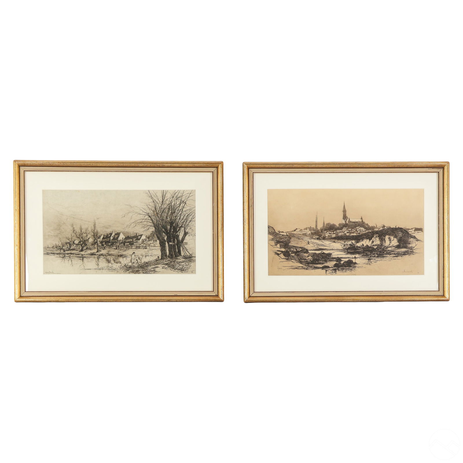 Stephen Parrish 1846-1938 Vintage Etchings 2pc LOT: Stephen Parrish (American, 1846-1938). Two (2) vintage etchings on paper. Landscape works including one titled, "Marblehead" to lower right. Each having artist plate signature to lower left. Both pres