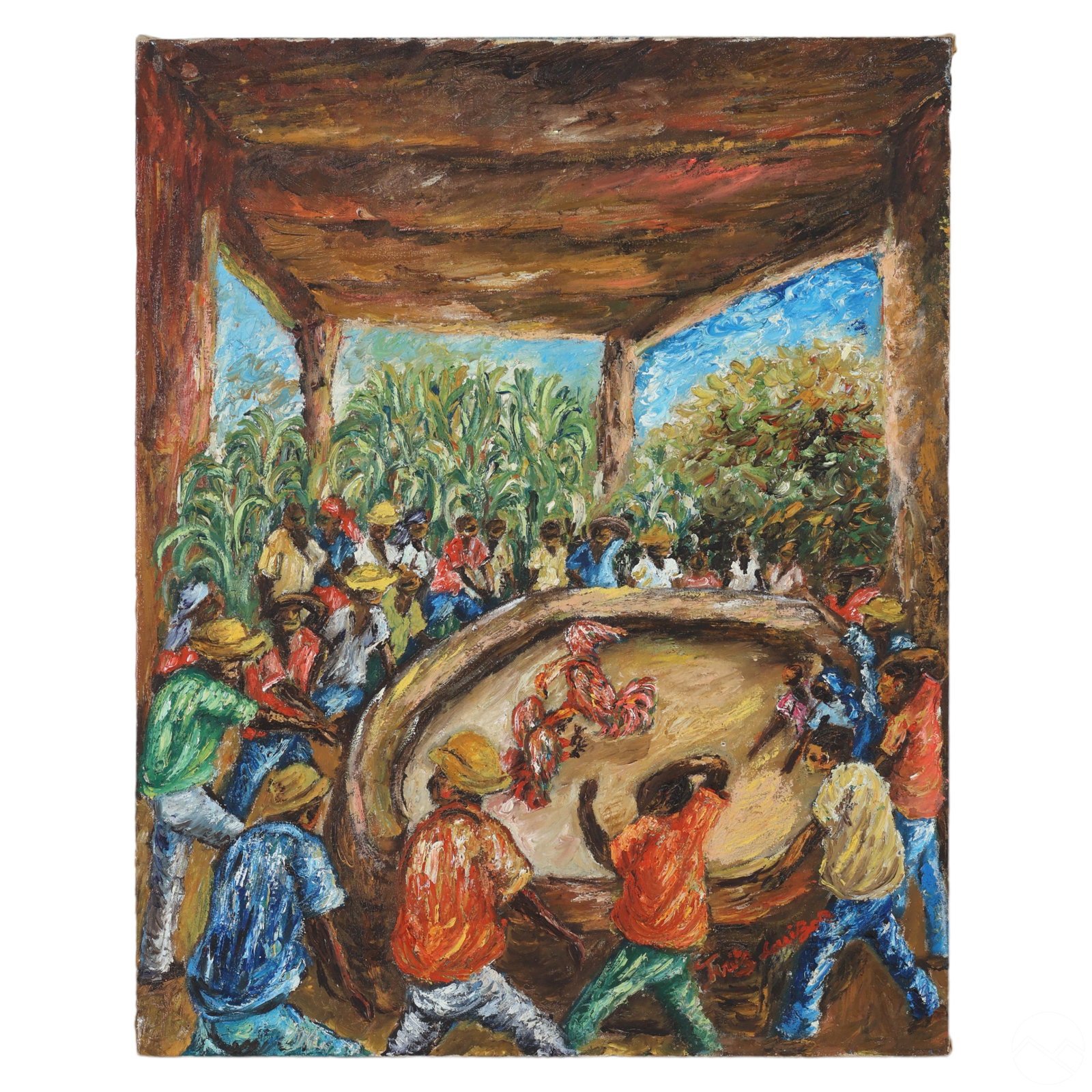 Fritz Louizor 1949-1984 Haitian Folk Art Painting: Fritz Louizor (Haitian, 1949-1984). An original painting on canvas. A colorful figural work depicting a cock fight, surrounded by architectural and botanical elements. Artist signed to lower right. Ha