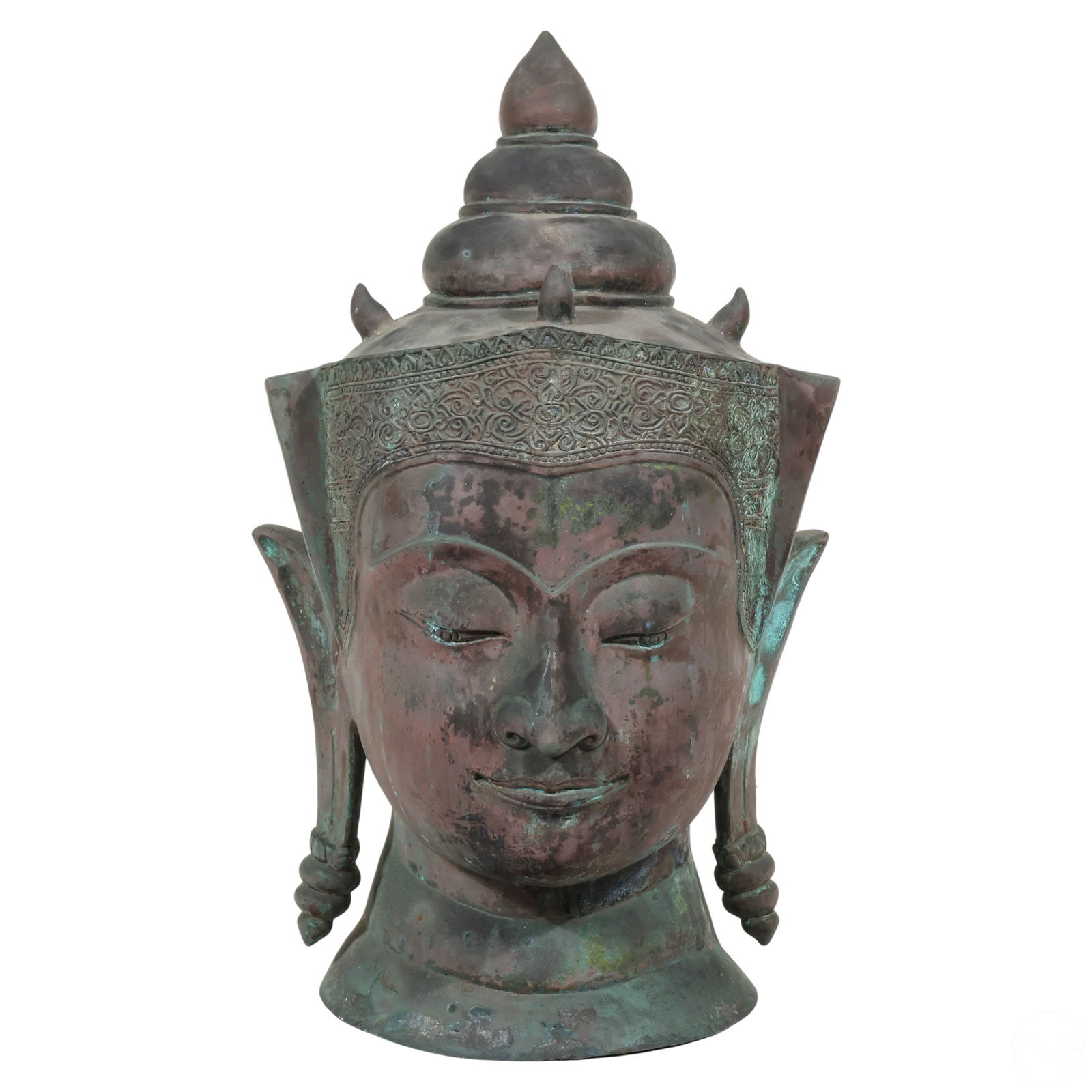 Indo Thai Green Bronze Buddha Head Bust Sculpture (1 of 7)