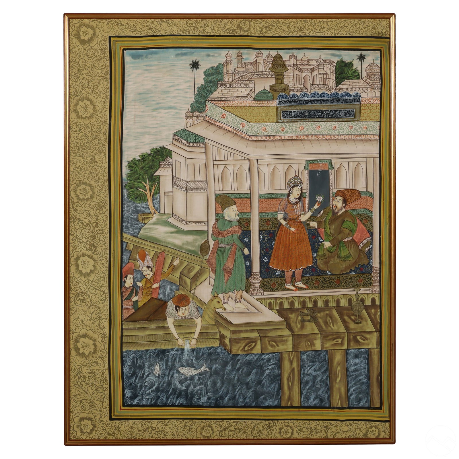 Indo Persian Antique Mogul Figural Palace Painting: An antique Indo Persian Mughal painting on board with a border featuring botanical and arabesque style elements. Executed in the style of an illuminated vellum page. A polychrome figural work with pro