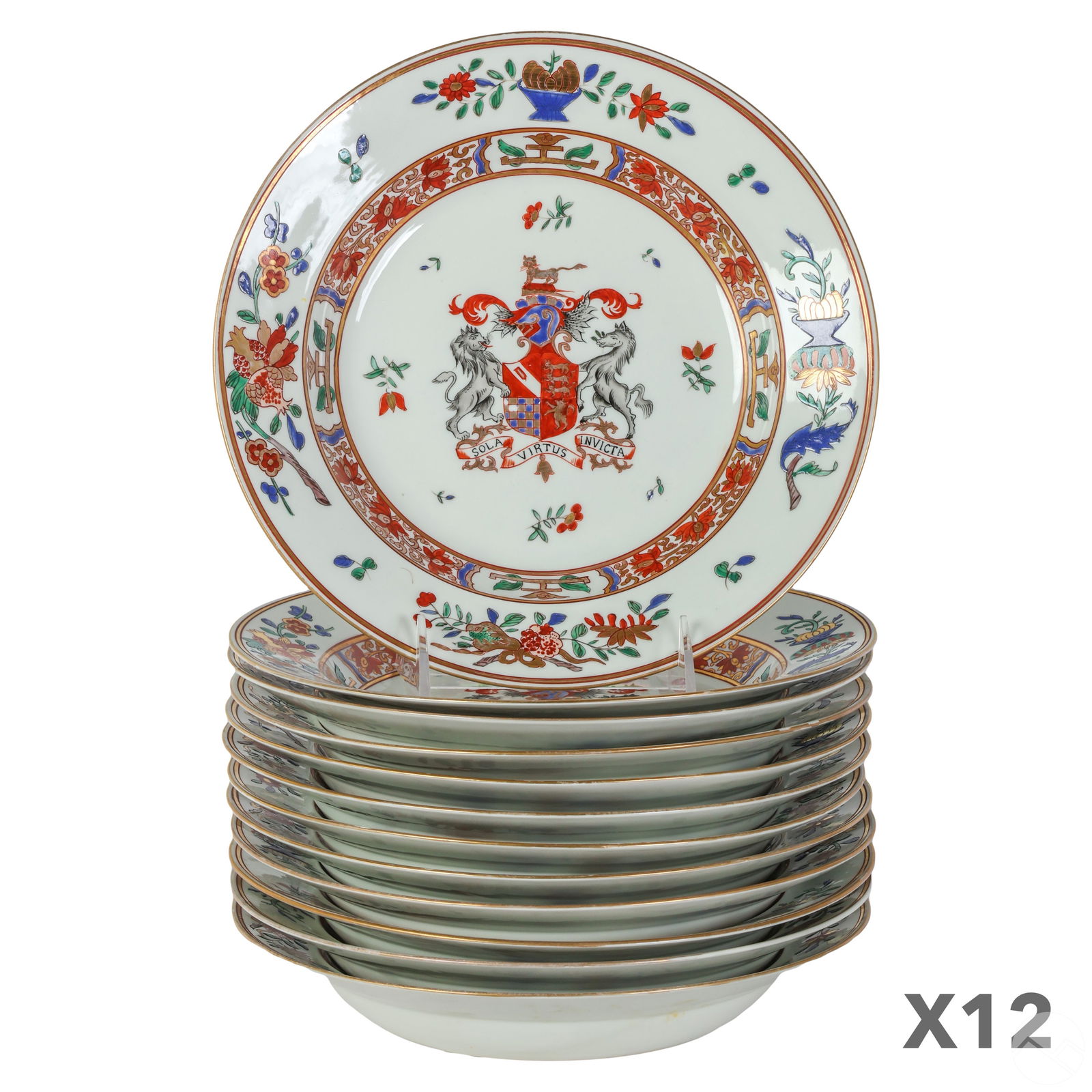Chinese Antique Porcelain Armorial Bowls 12pc. SET: An antique twelve (12) piece set of Chinese export armorial porcelain bowls featuring a coat of arms with the Latin motto SOLA VIRTUS INVICTA ("The Only Invincible Power"). Motto associated with the E