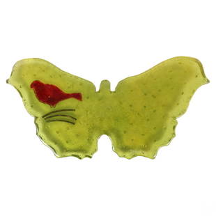 Marlene Rose b.1967 Amber Art Glass Wild Butterfly: Marlene Rose (American, born 1967). A studio art glass wall sculpture. An abstract wildlife work in sand cast golden yellow amber art glass depicting a butterfly with red bird form above a triple