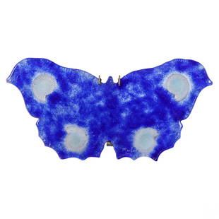 Marlene Rose b.1967 Blue Art Glass Wild Butterfly: Marlene Rose (American, born 1967). A studio art glass wall sculpture. An abstract wildlife work depicting a butterfly in sand cast blue art glass with a series of oblong frosted clear relief mollusk