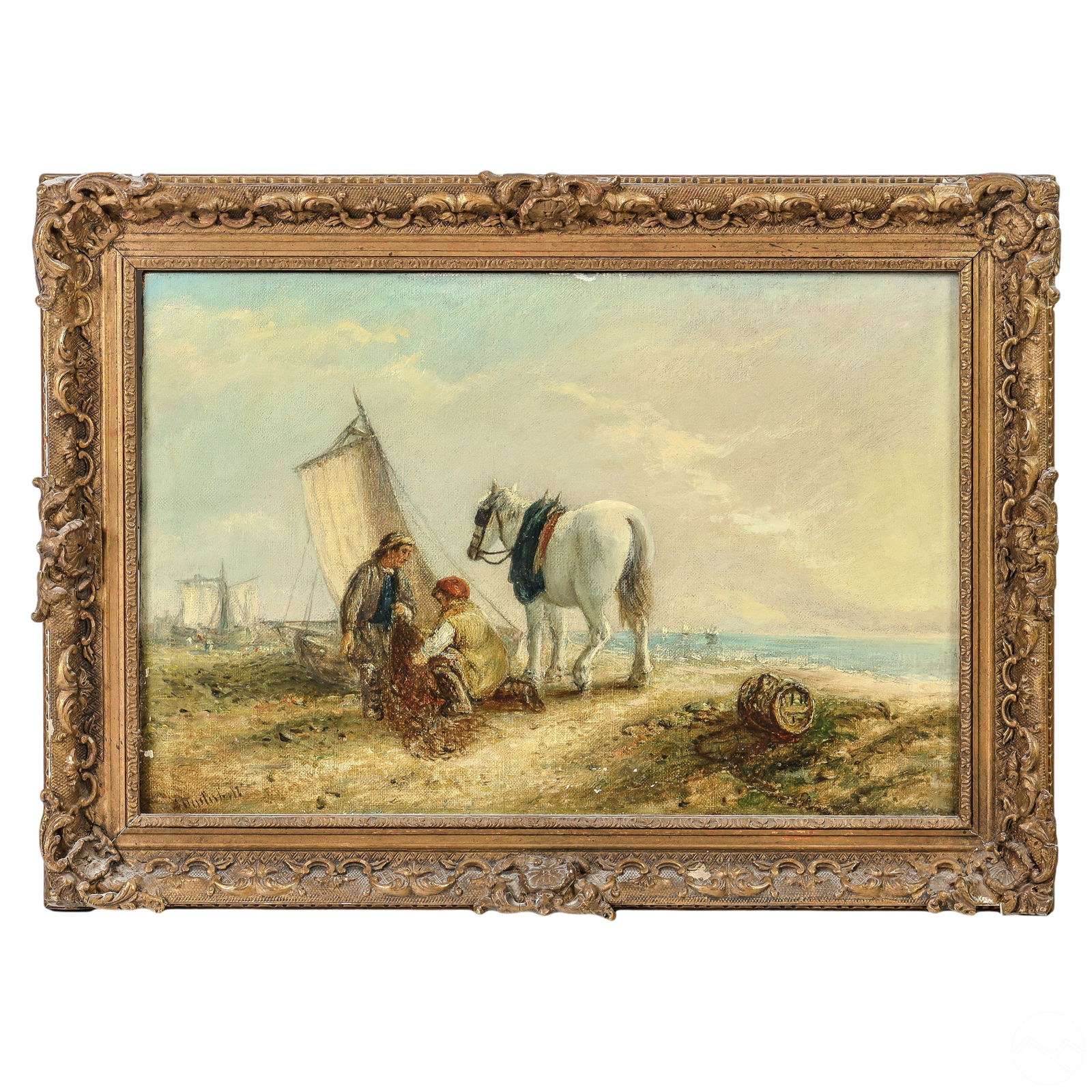 Antique Figural Coastal Landscape Painting SIGNED (1 of 6)