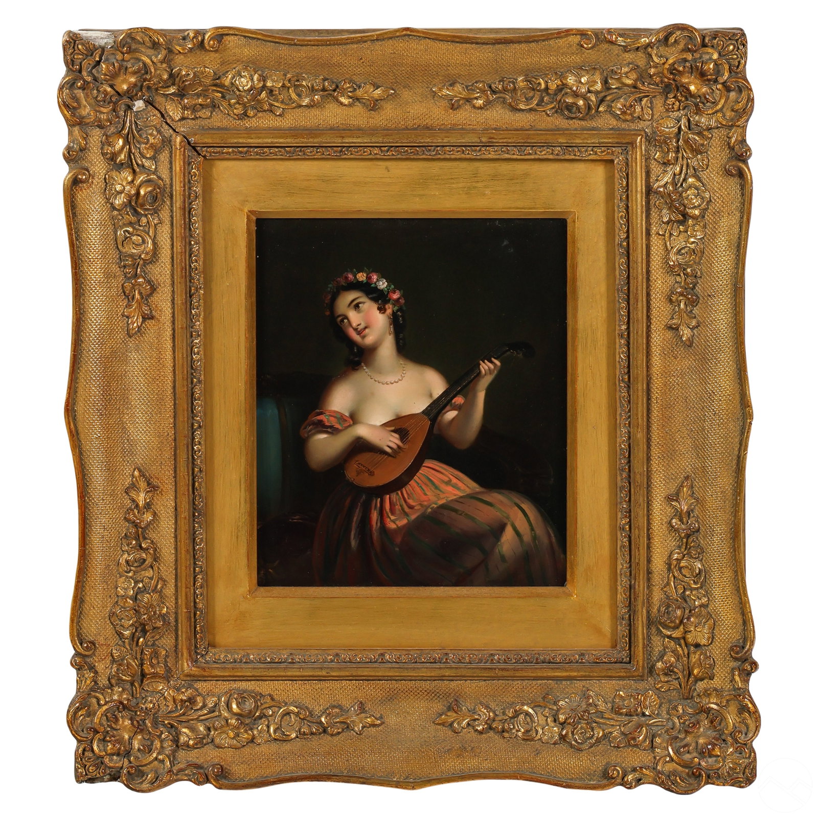 Antique Portrait of Female Lute Musician Painting: An antique oil painting on metal. A portrait depicting a smiling young female wearing a floral garland crown in her hair, and playing a stringed stringed lute instrument. No apparent signature. Hand w