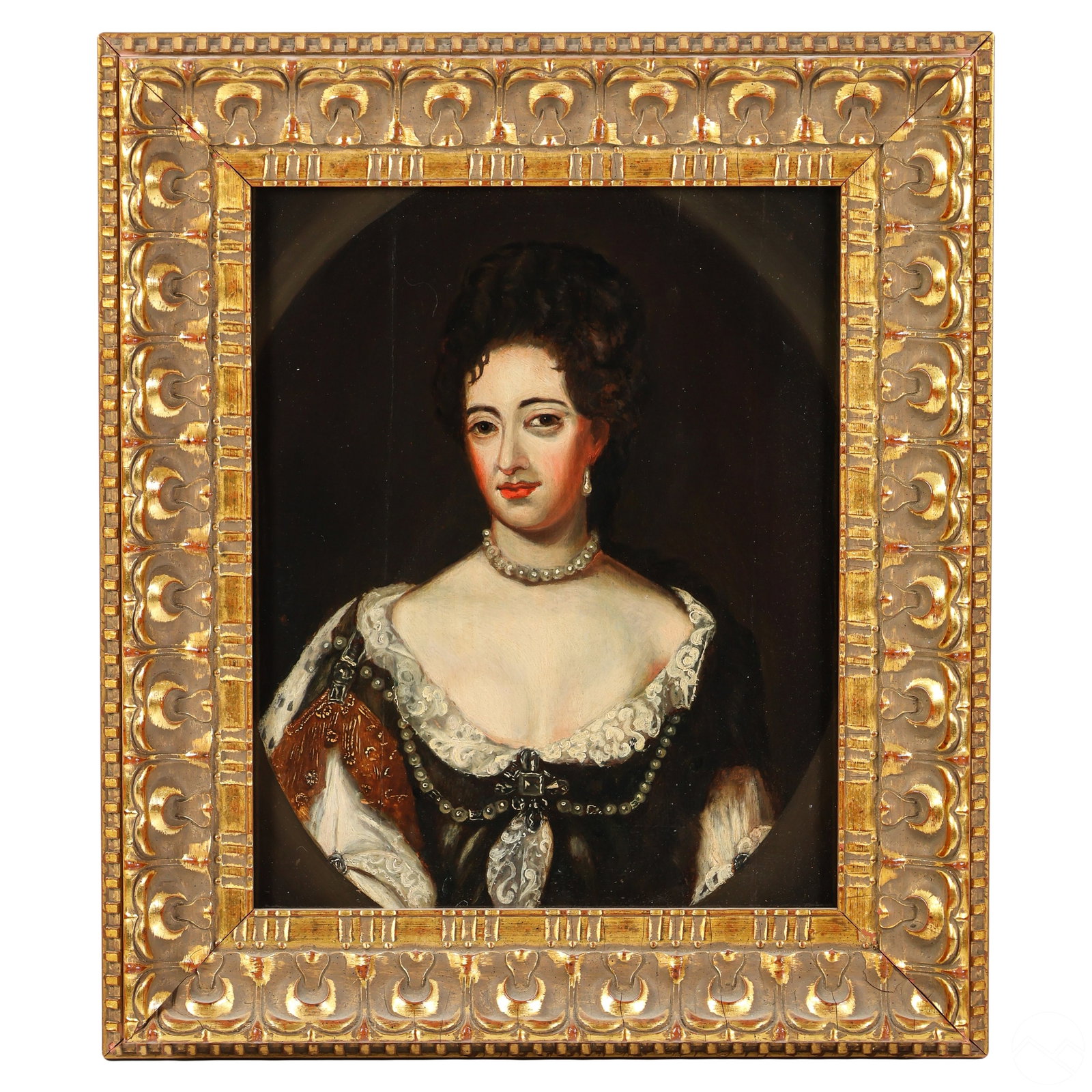Antique Style Portrait of a Princess Oil Painting: An antique-style oil painting on board. Depicting a portrait of a female lady of the court reminiscent of Queen Mary II during her princess years. She is adorned in an exquisite dress adorned with lac
