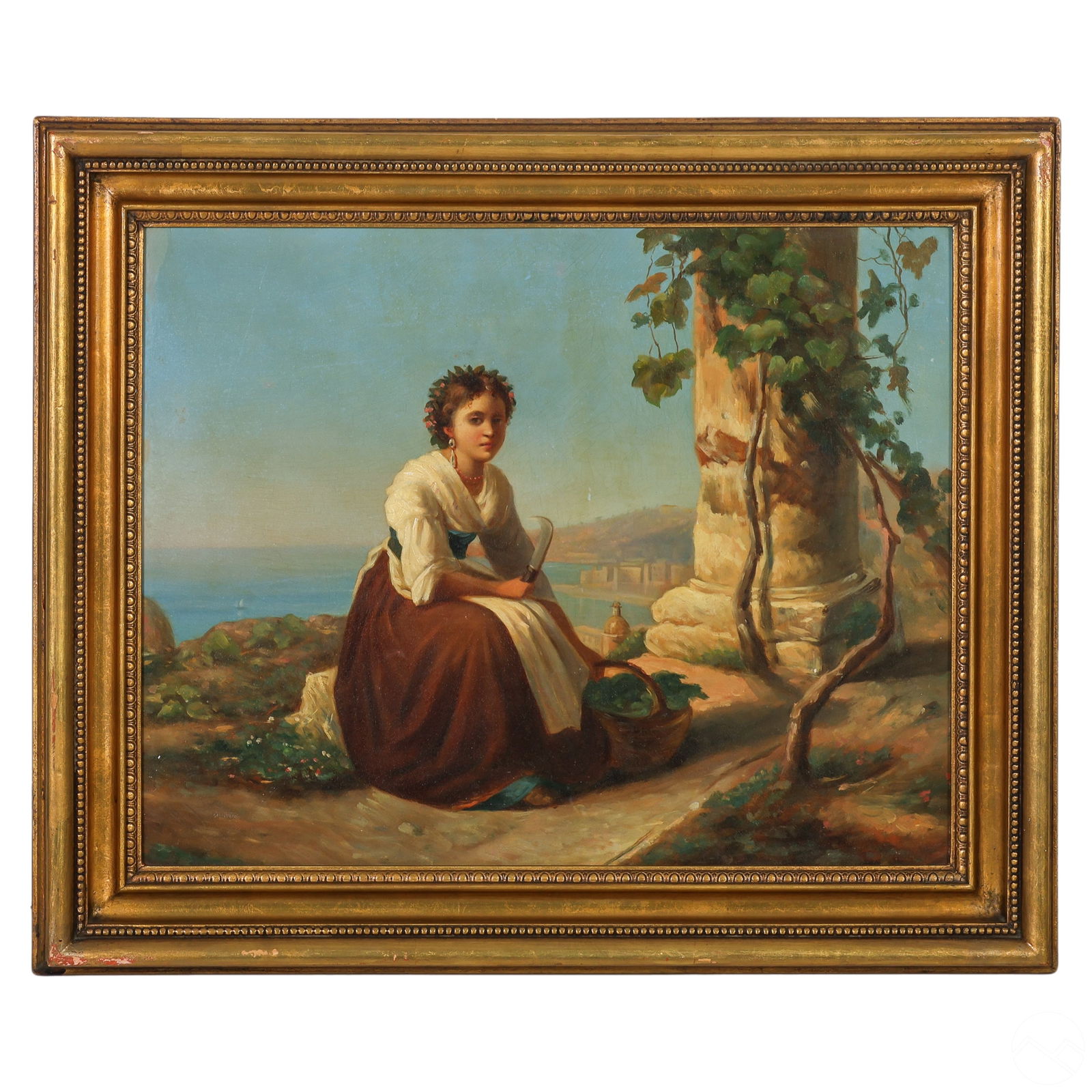 Antique Peasant Girl Overlooking The Sea Painting (1 of 6)