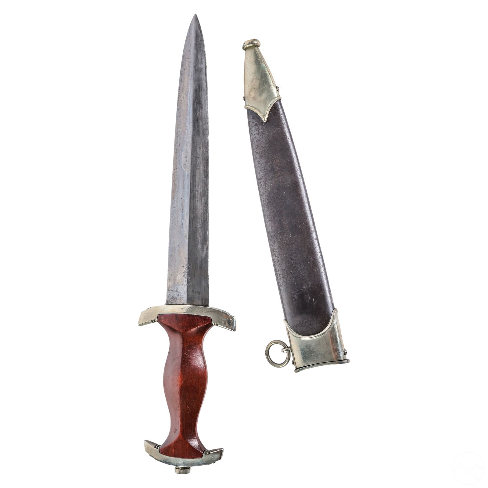 German WWII SA Dagger E.P.& S Solingen with Sheath: A WWII German dagger SA dagger knife with sheath, crafted by Ernst Pack & Sohne, Solingen. Features a reddish brown wood grip with eagle swastika insignia and an enamel SA insignia on one side. Steel