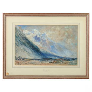 William Callow 1812-1908 Painting w/ Sotheby's Tag: William Callow (English, 1812-1908). An antique watercolor painting on paper titled "Chamouny -1853". The work depicts a valley with a chalet and figures, nestled within the towering cliffs and