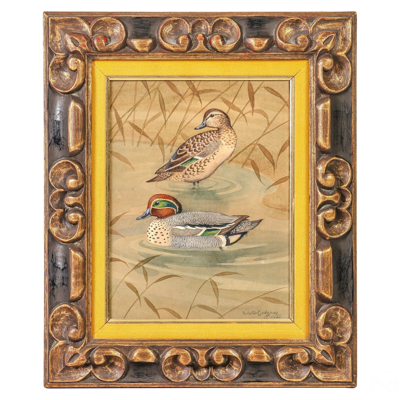 Ralston Gudgeon 1910-1984 Ducks Wildlife Painting: Ralston Gudgeon (Scottish, 1910-1984). A watercolor painting on paper. Work depicting a pair of ducks modeled in a wetlands setting with stalks of grass. Artist signed to lower right. Presented in a d