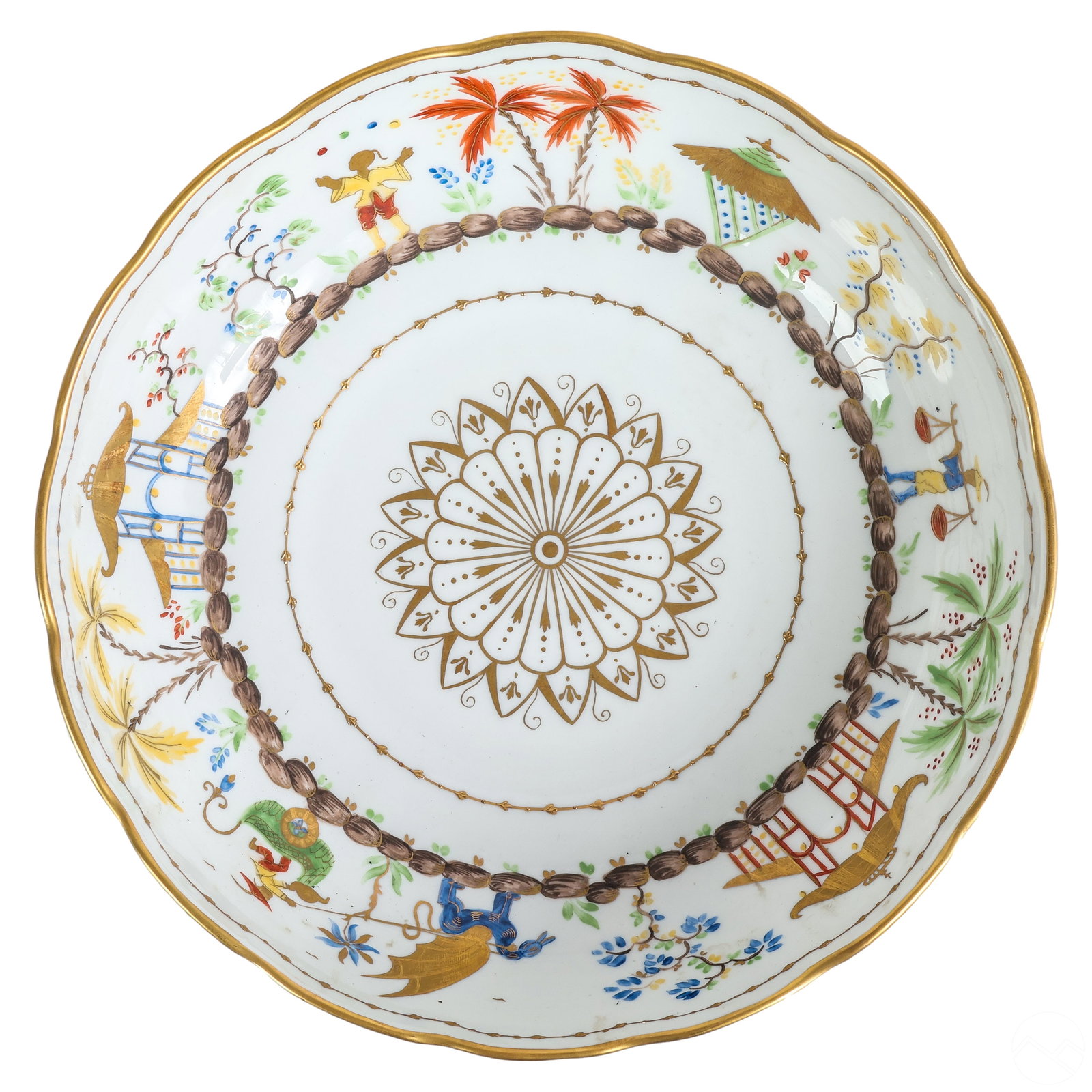 Tiffany Co Cirque Chinois Le Tallec Porcelain Bowl: A French Tiffany & Company centerpiece serving bowl in the Cirque Chinois Le Tallec pattern. This glazed creamy white scalloped and lobed porcelain bowl is hand-painted with gilt trim and encircling O