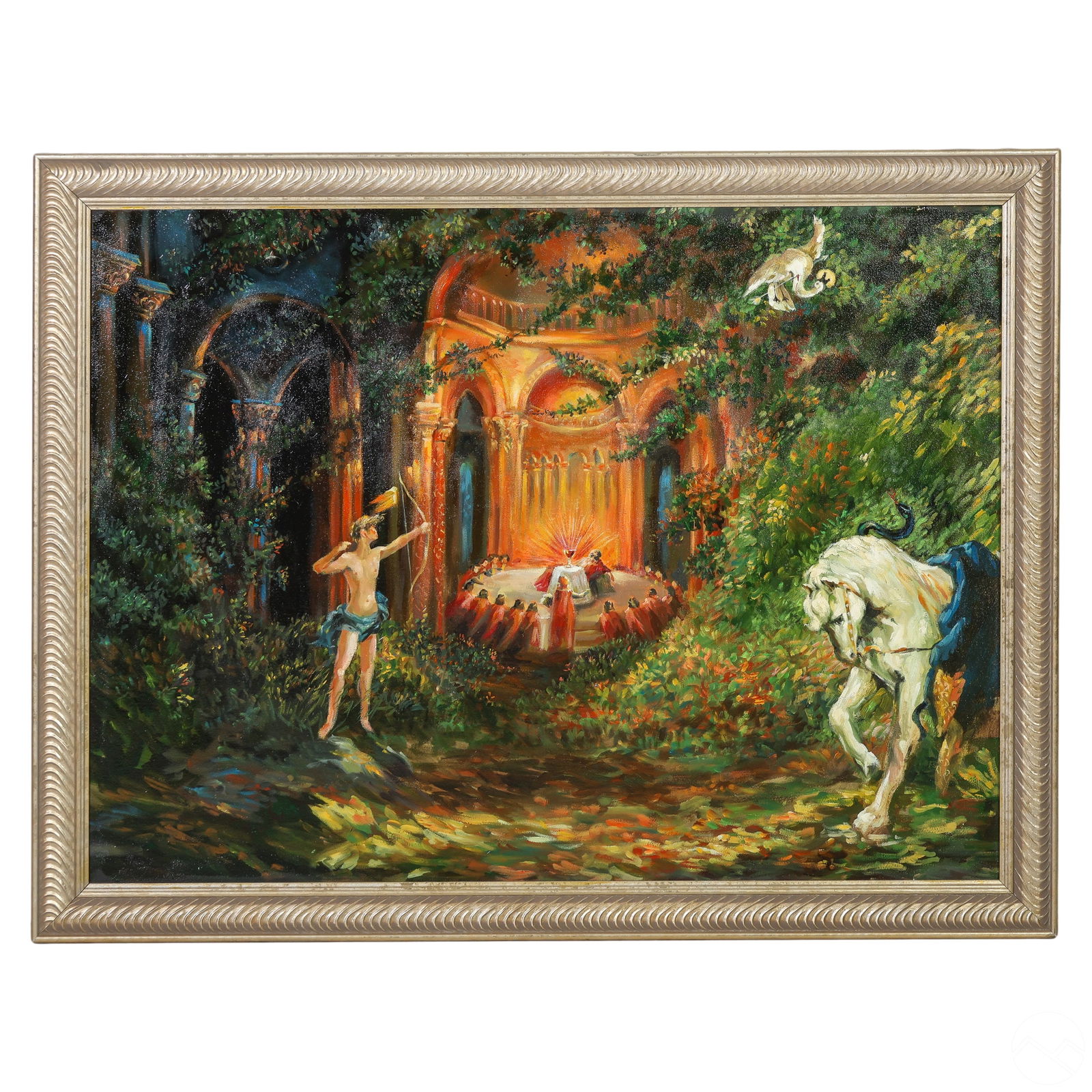 Holy Grail Painting after Pinckney Marcius-Simons: An oil painting on canvas. After work titled "Parsifal and the Knights of the Holy Grail"; by Pinckney Marcious-Simons. An allegorical scene depicting a figural forest landscape with a white horse to