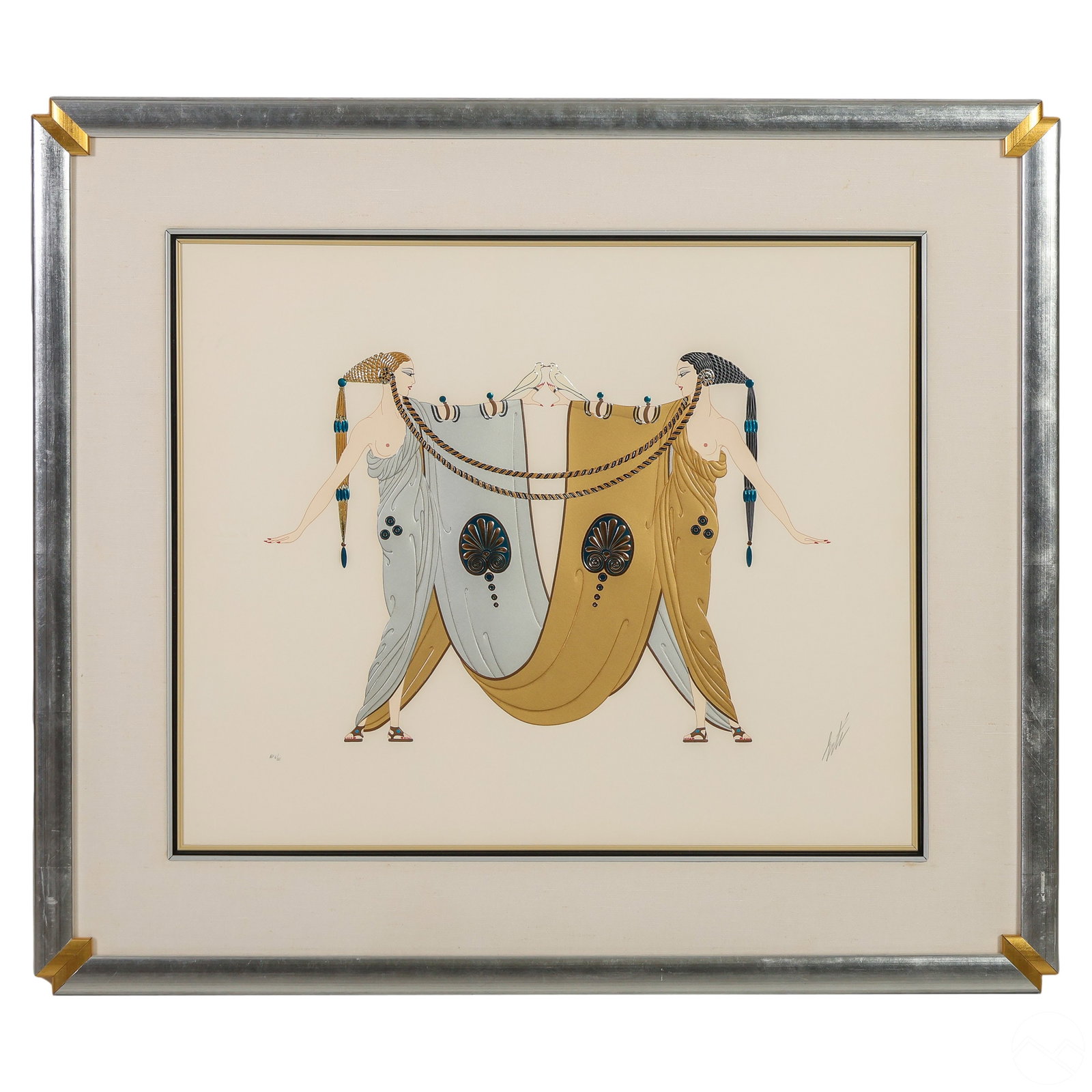 Erte 1892-1990 SISTERS AP Serigraph SIGNED w/ COA: Erte (Romain de Tirtoff) (Russian French, 1892-1990). A limited edition Artist's Proof serigraph print on paper executed in the Art Deco style. Titled "Sisters," produced circa 1987. A figural group d